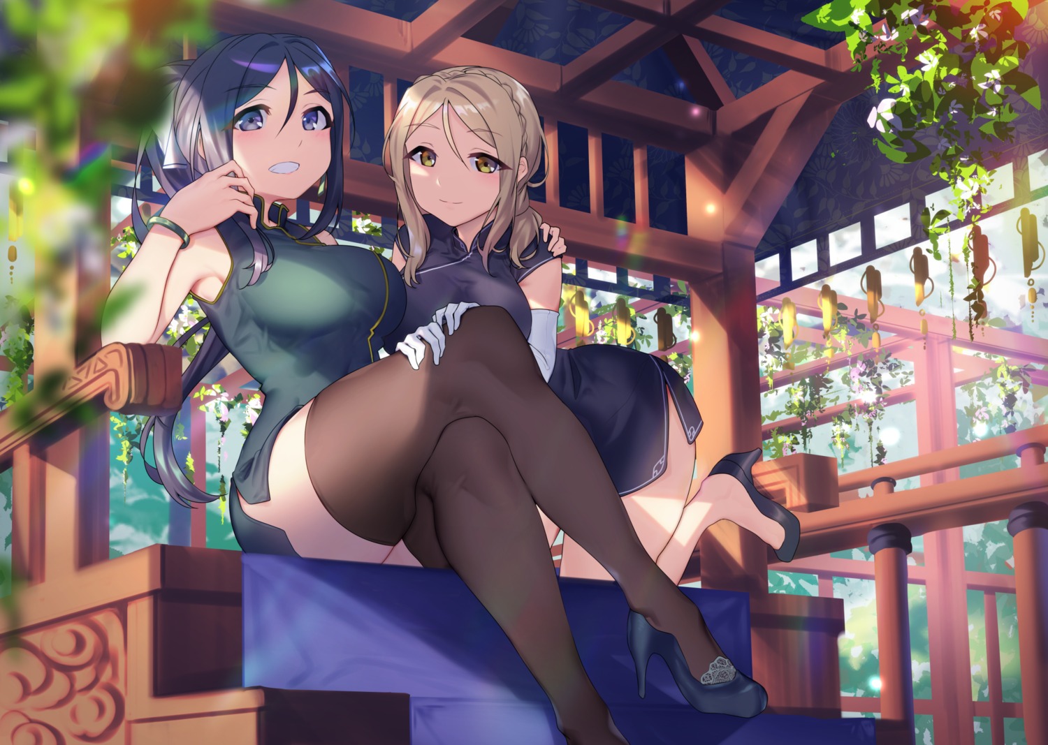 chinadress heels love_live!_sunshine!! matsuura_kanan ohara_mari skirt_lift thighhighs yamaori_(yamaorimon)