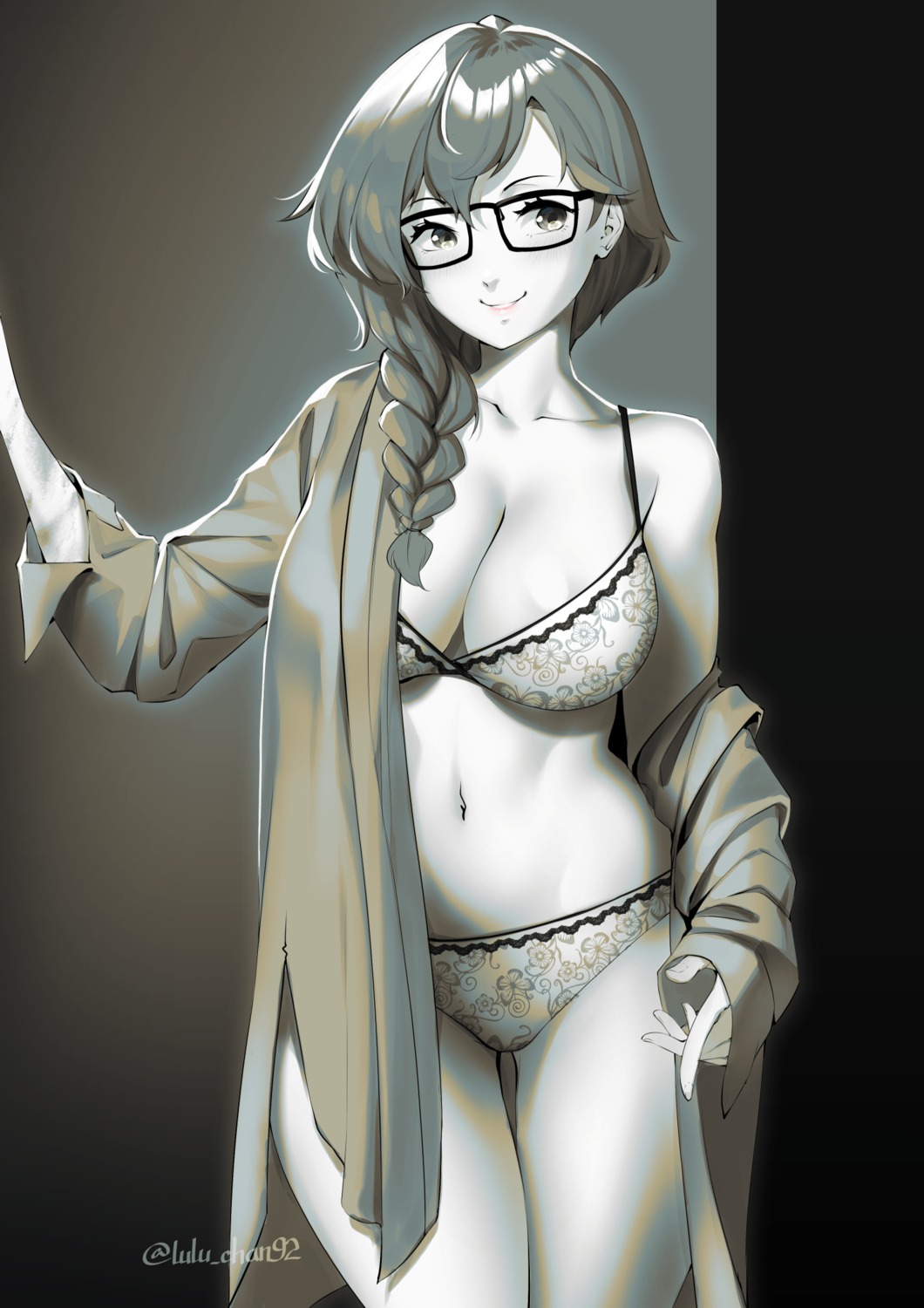 bra lulu-chan92 megane monochrome open_shirt pantsu