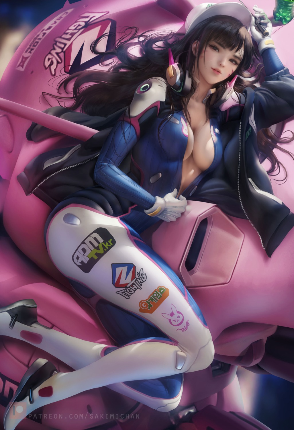 bodysuit d.va headphones mecha no_bra open_shirt overwatch sakimichan