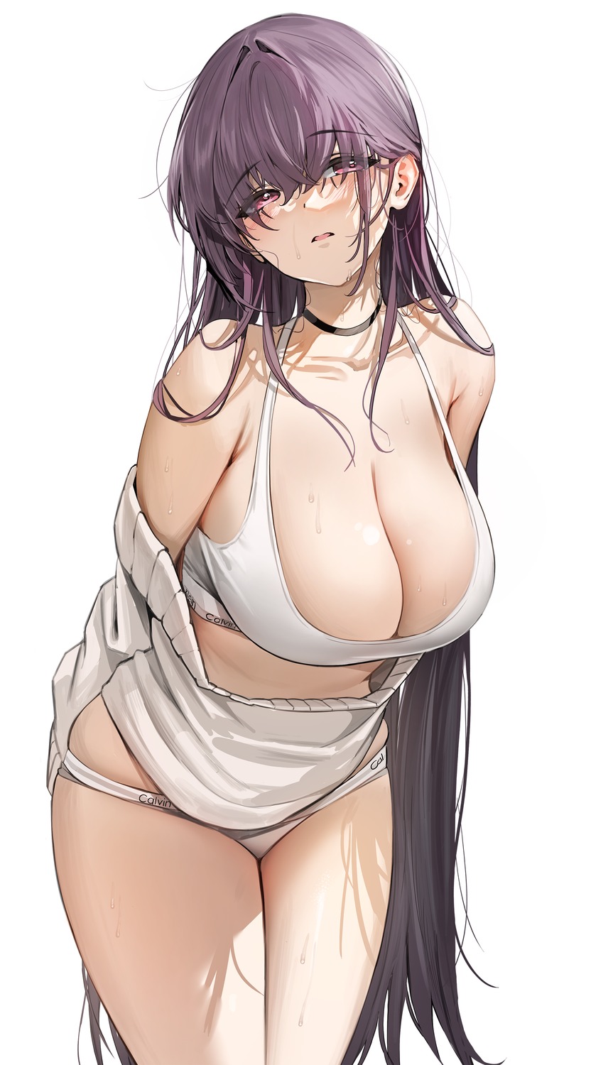 bra damda fate/grand_order open_shirt pantsu scathach_(fate/grand_order) sweater