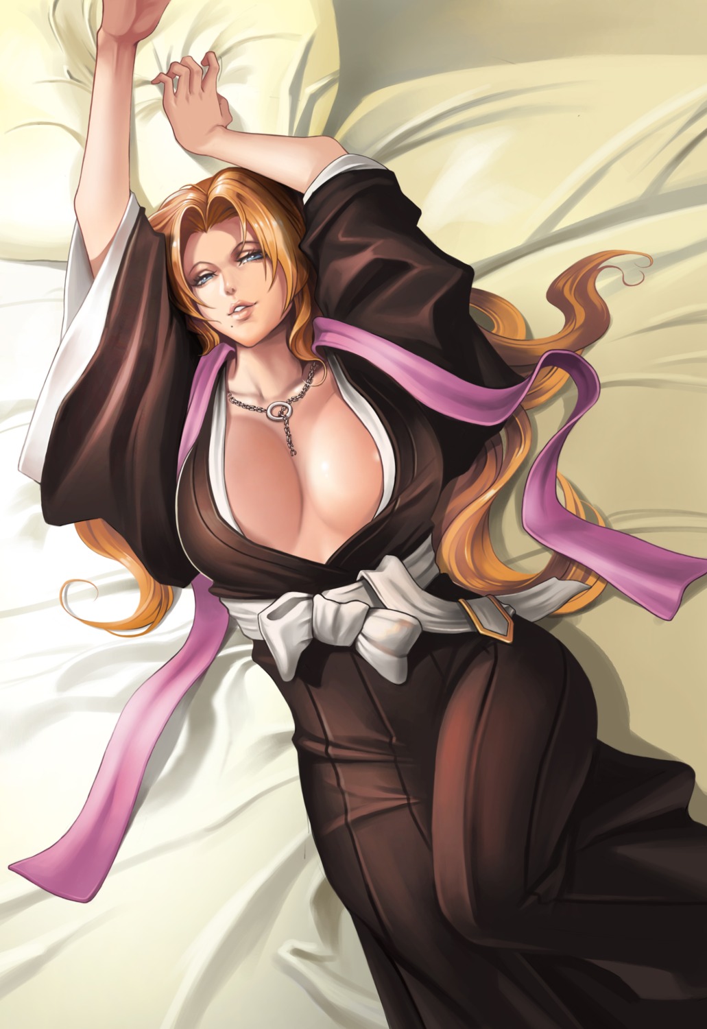 bleach cleavage dantewontdie matsumoto_rangiku no_bra open_shirt yukata