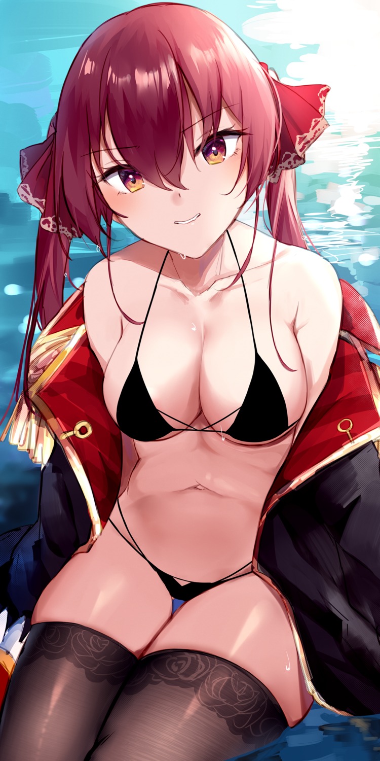 bikini heterochromia hololive houshou_marine kagurazaka_miyabi open_shirt swimsuits thighhighs wet