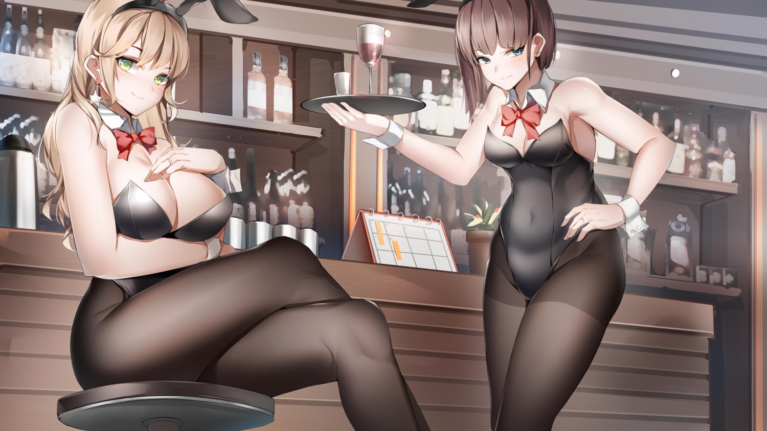 animal_ears breast_hold bunny_ears bunny_girl lubikaya1 no_bra pantyhose waitress wallpaper zhanjianshaonv