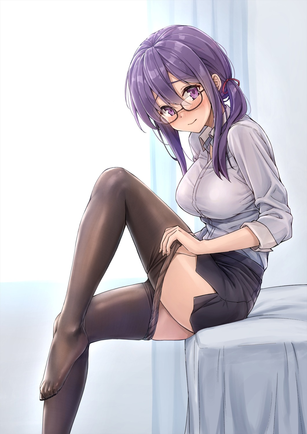 dress_shirt kotatsu_(kotatsu358) megane pantyhose skirt_lift undressing