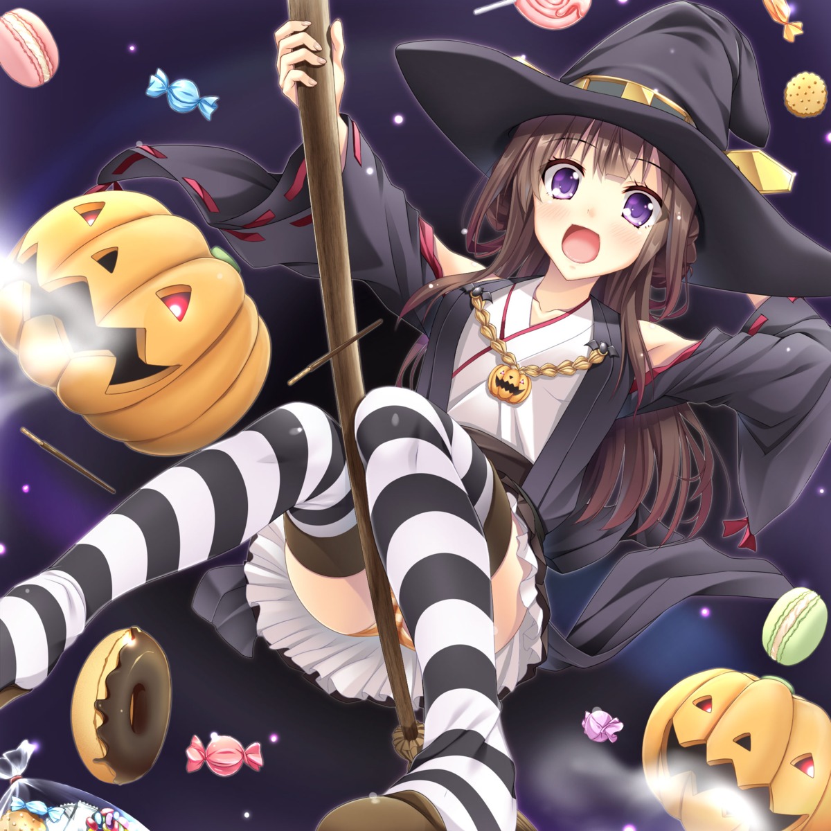 halloween jpeg_artifacts kantai_collection kongou_(kancolle) moeki_yuuta pantsu shimapan thighhighs witch