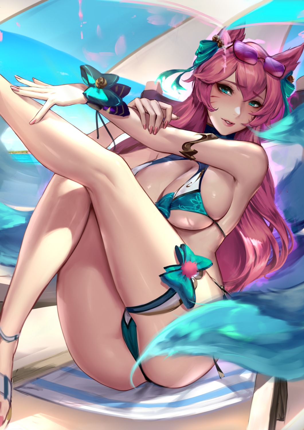 ahri animal_ears bikini cameltoe cianyo kitsune league_of_legends megane skirt_lift swimsuits tail thong