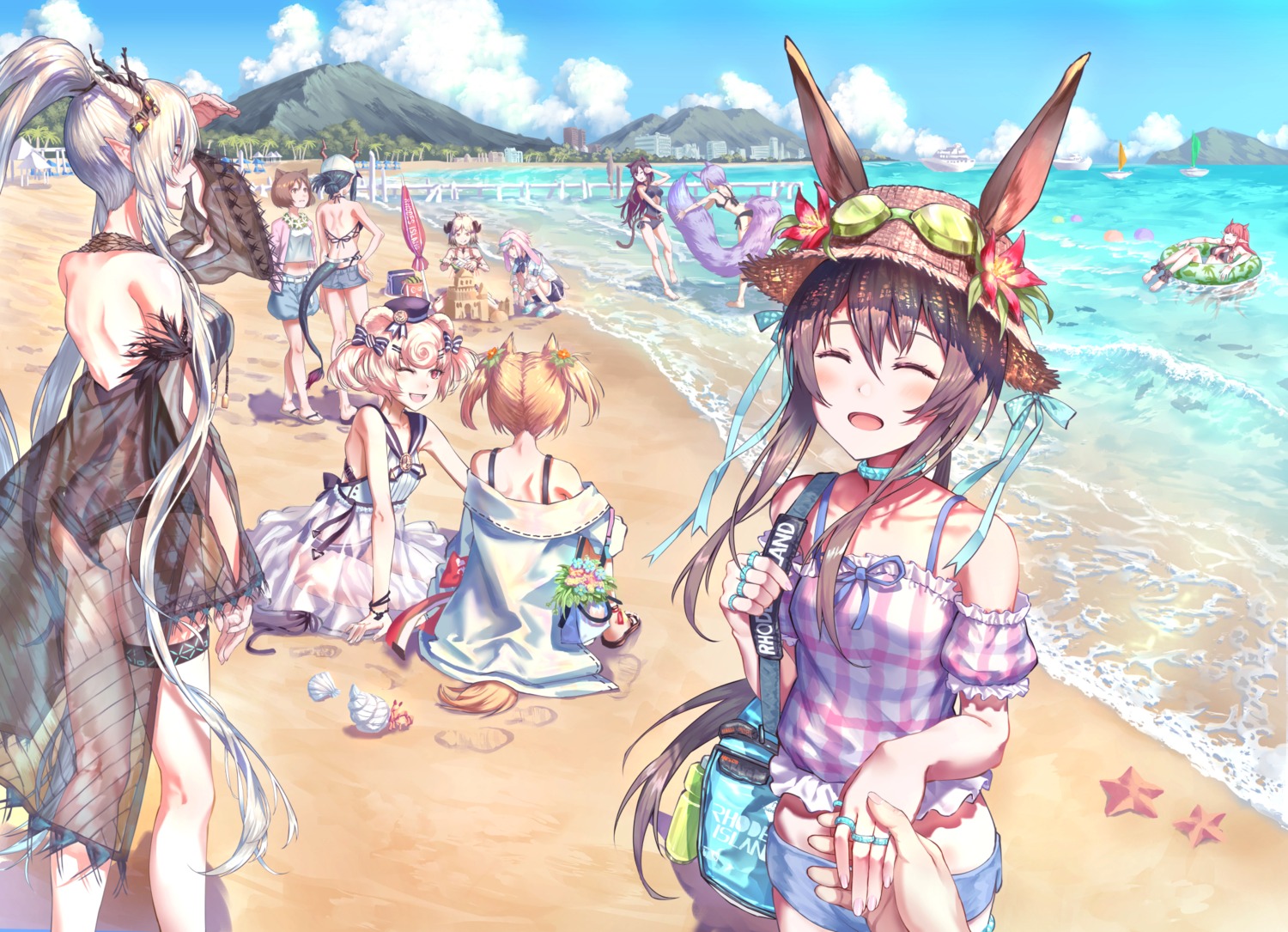 amiya_(arknights) animal_ears ansel_(arknights) arknights artist_revision ass bikini bunny_ears ch'en_(arknights) garter gummy_(arknights) horns ifrit_(arknights) pointy_ears provence_(arknights) see_through shining_(arknights) skyfire_(arknights) sora_(arknights) swimsuits tail vigna_(arknights) wet yuuki_higumo