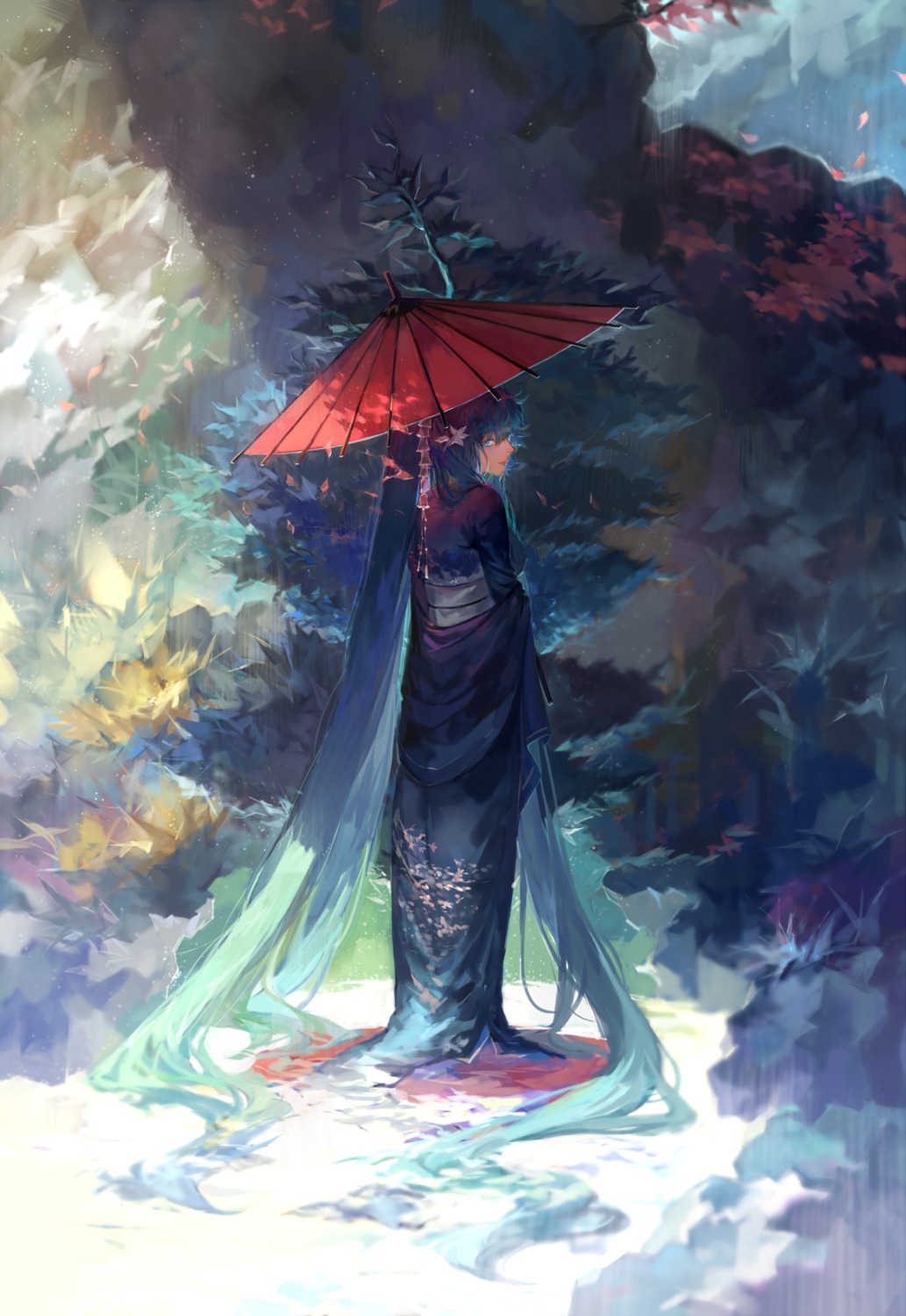 hatsune_miku kimono landscape tang_elen umbrella vocaloid wet