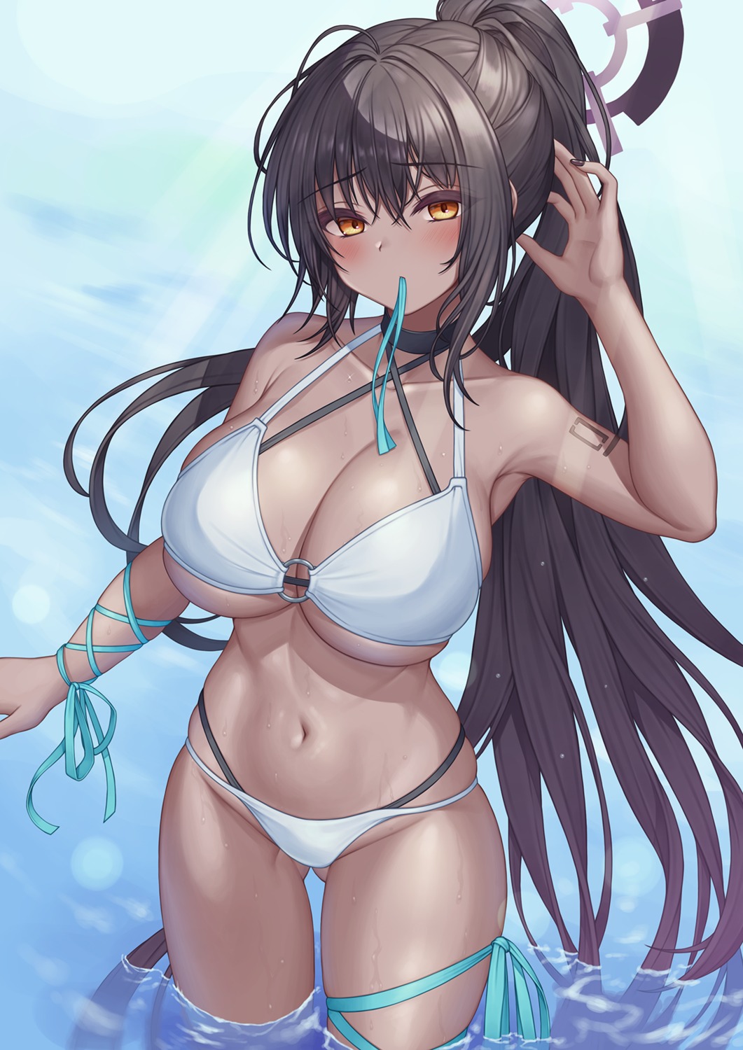 bikini blue_archive garter halo kakudate_karin pcreambang swimsuits tattoo wet