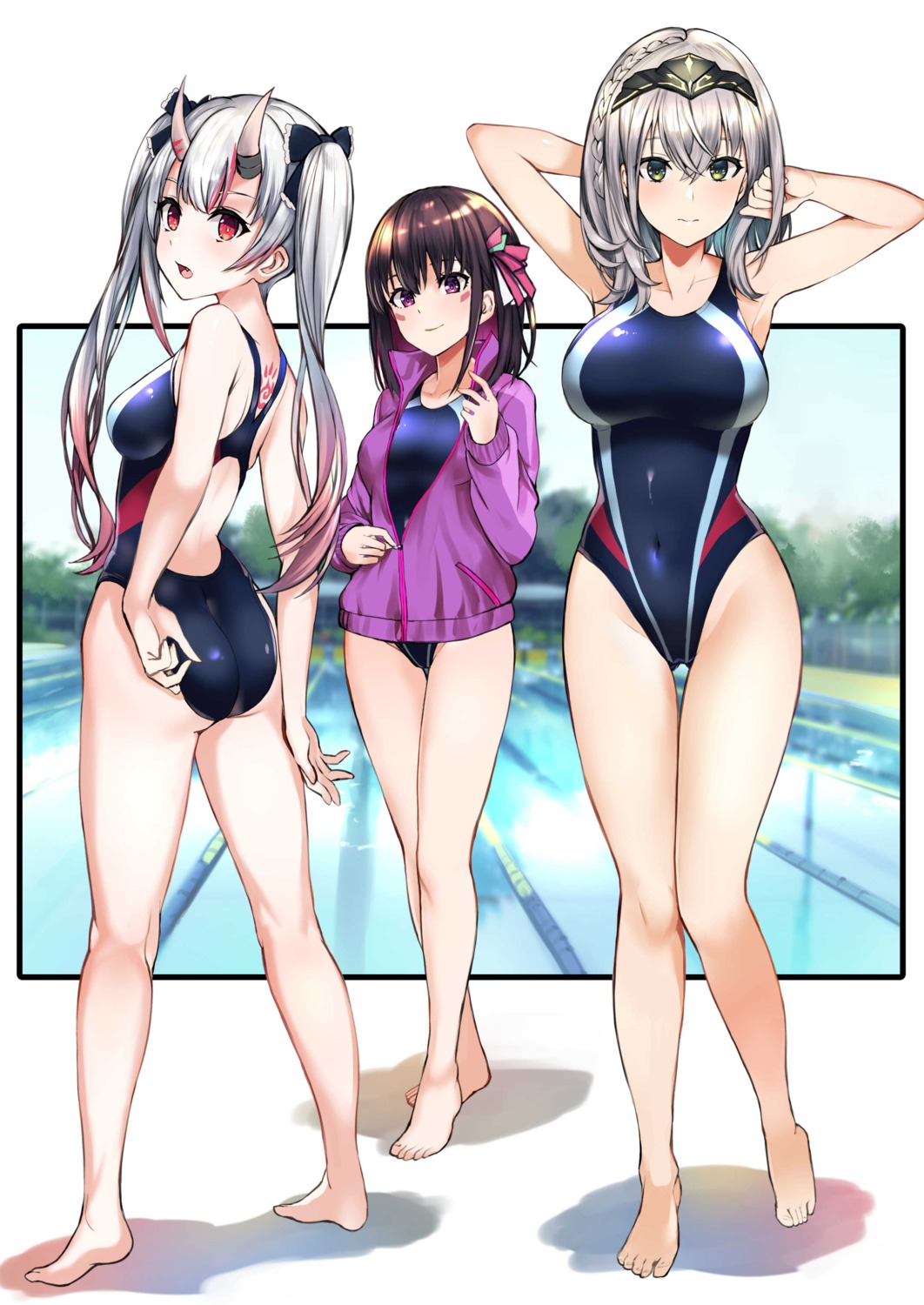 ass azki_(hololive) cameltoe gym_uniform hololive horns nakiri_ayame pukara shirogane_noel swimsuits tattoo