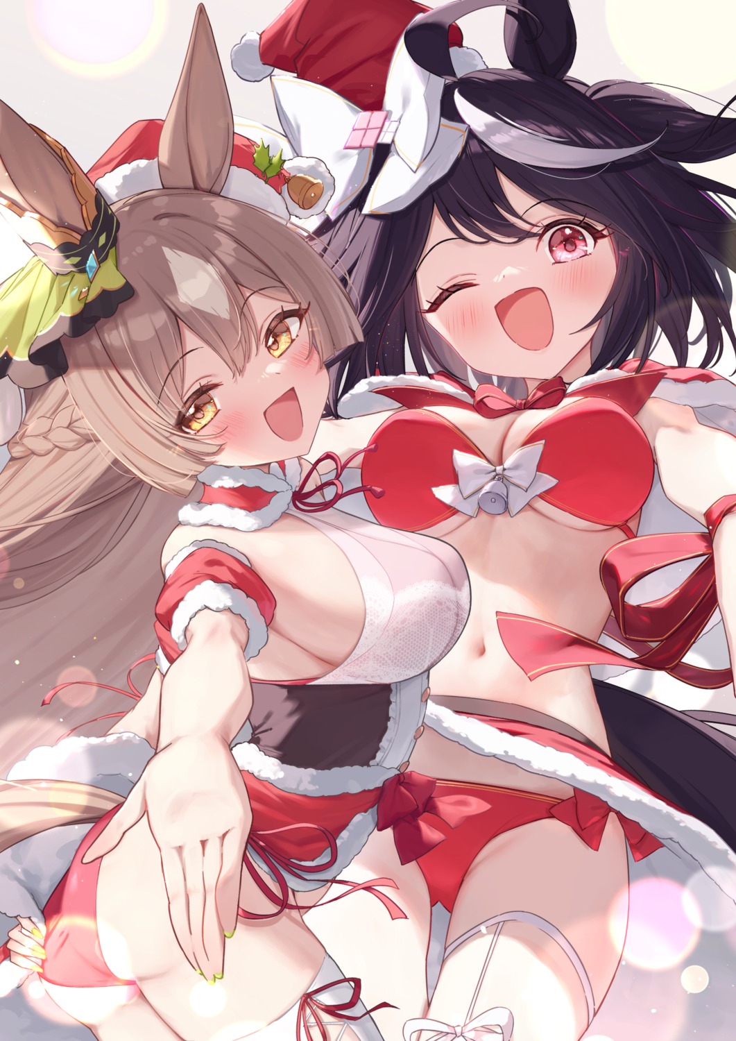 animal_ears bikini christmas garter kitasan_black_(umamusume) no_bra saboten_mushi satono_diamond_(umamusume) skirt_lift stockings swimsuits tail thighhighs uma_musume_pretty_derby