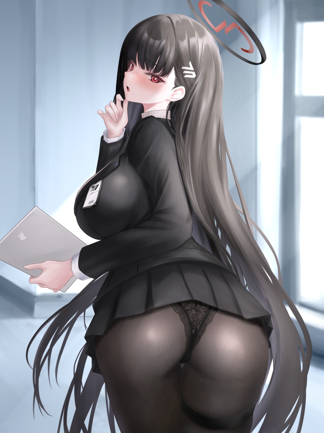 ass blue_archive halo noa_(skae3323) pantsu pantyhose skirt_lift sweater thong tsukatsuki_rio uniform