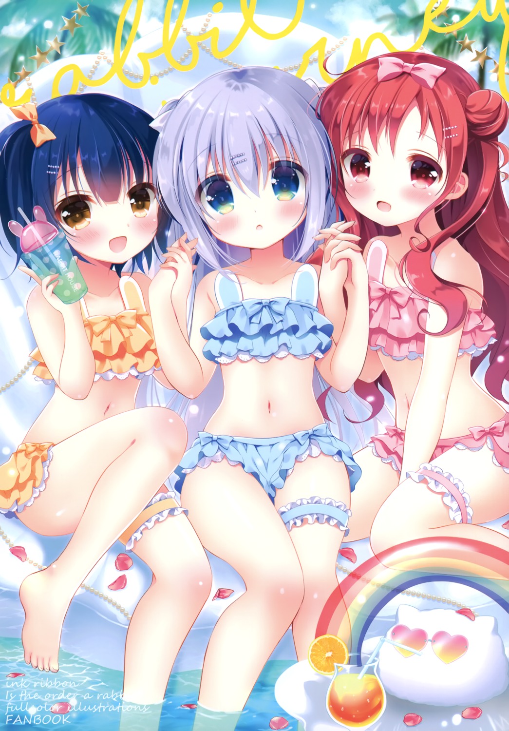 aono_ribbon bikini garter gochuumon_wa_usagi_desu_ka? jouga_maya kafuu_chino loli megane natsu_megumi skirt_lift swimsuits tippy_(gochiusa) wet