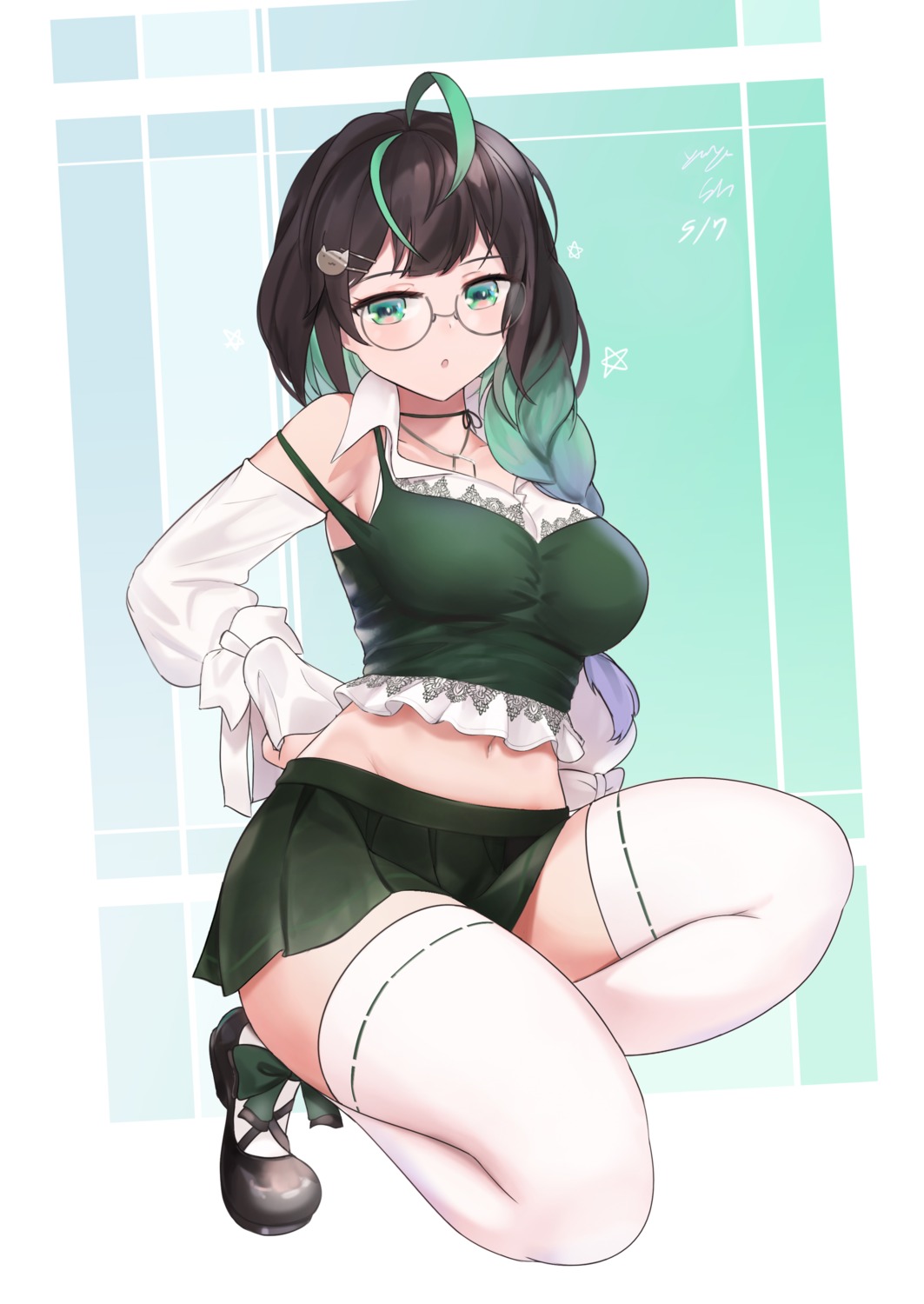 megane nijisanji nijisanji_kr riba shin_yuya skirt_lift thighhighs