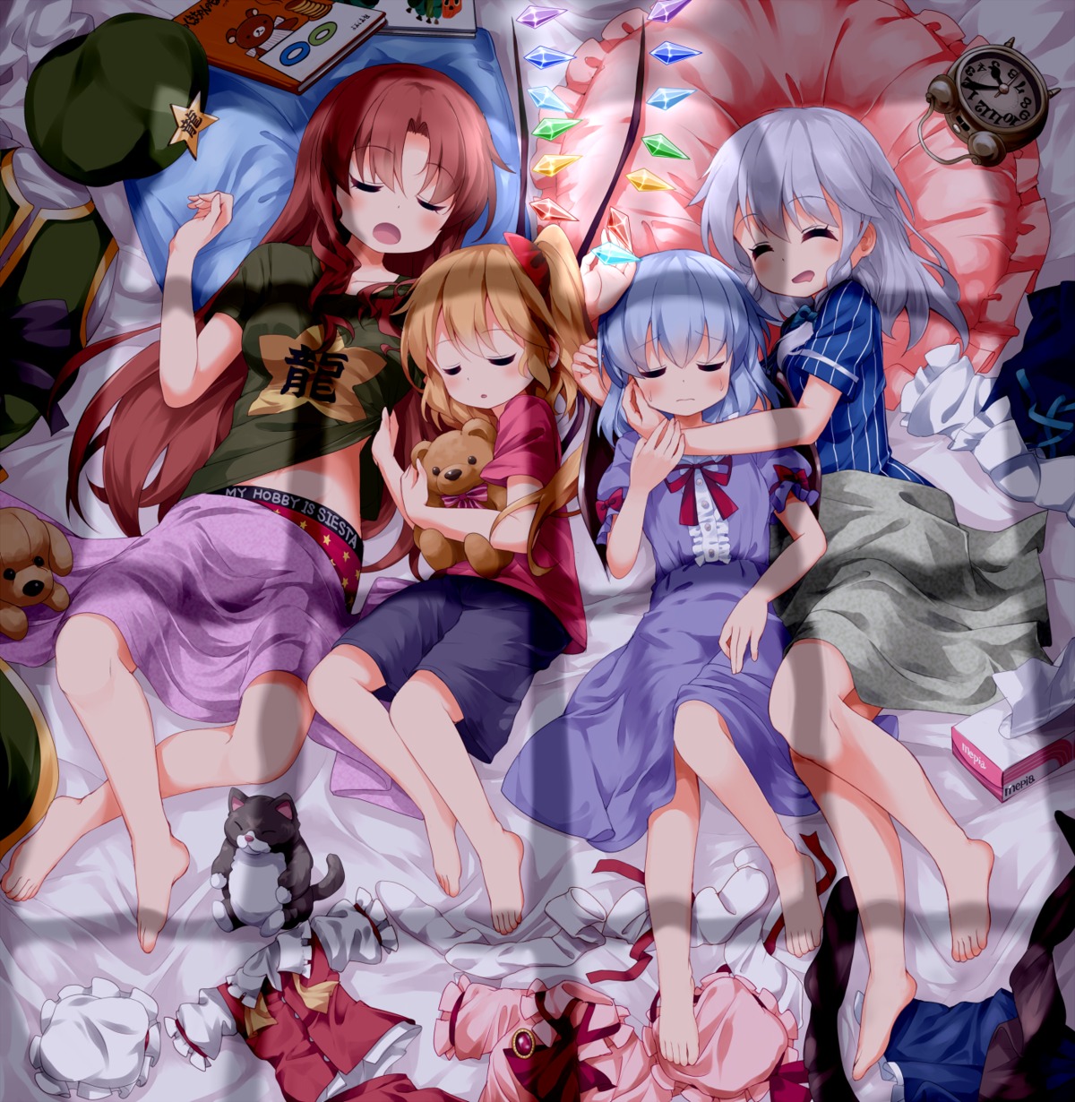 dress flandre_scarlet hong_meiling izayoi_sakuya neko remilia_scarlet shirt_lift touhou tsurukou wings