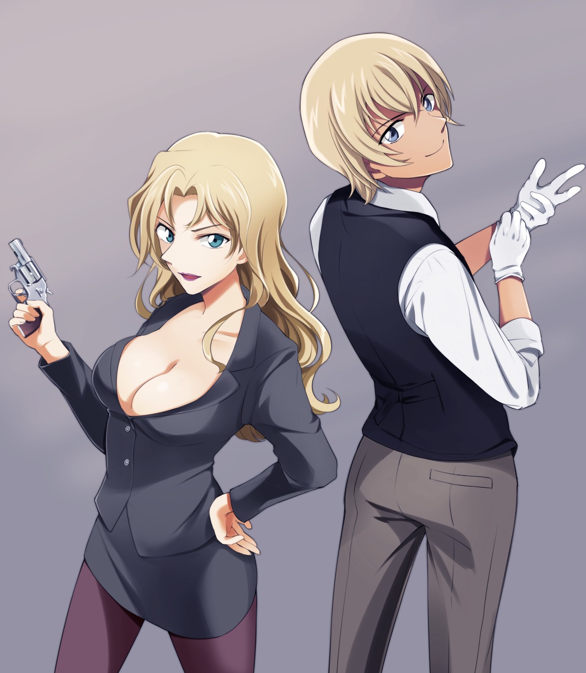 adope amuro_toru business_suit cleavage detective_conan gun no_bra pantyhose vermouth_(detective_conan)