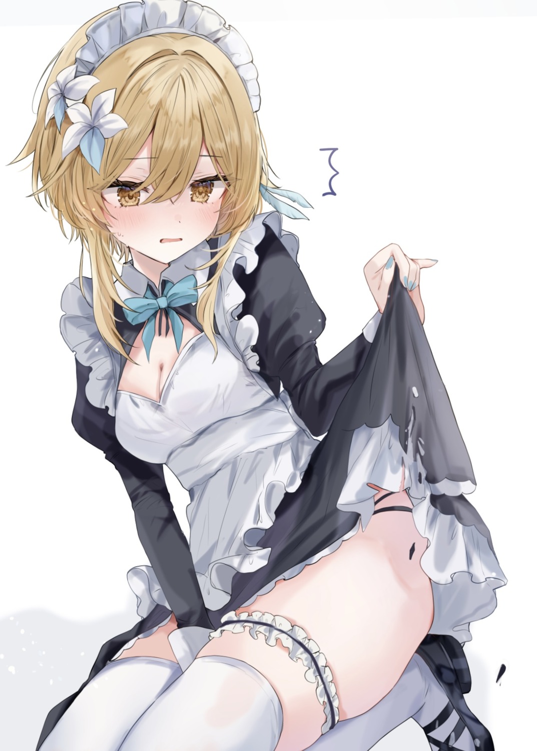 garter genshin_impact lumine maid maruro pantsu skirt_lift thighhighs torn_clothes