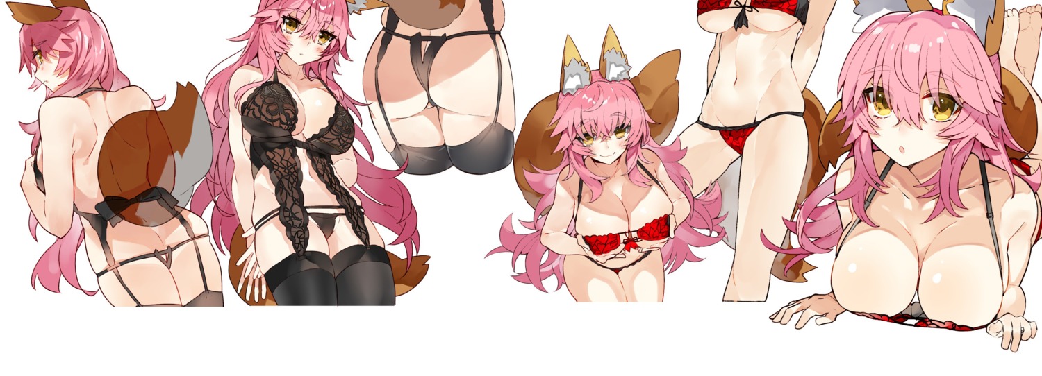 animal_ears ass bikini breast_hold cleavage expression fate/stay_night kitsune kou_mashiro lingerie stockings swimsuits tail tamamo_no_mae thighhighs underboob