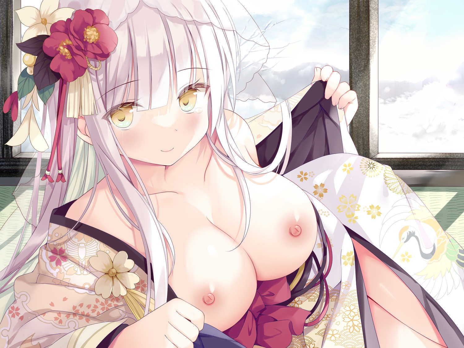 breasts hoshino_koucha kimono nipples no_bra open_shirt undressing