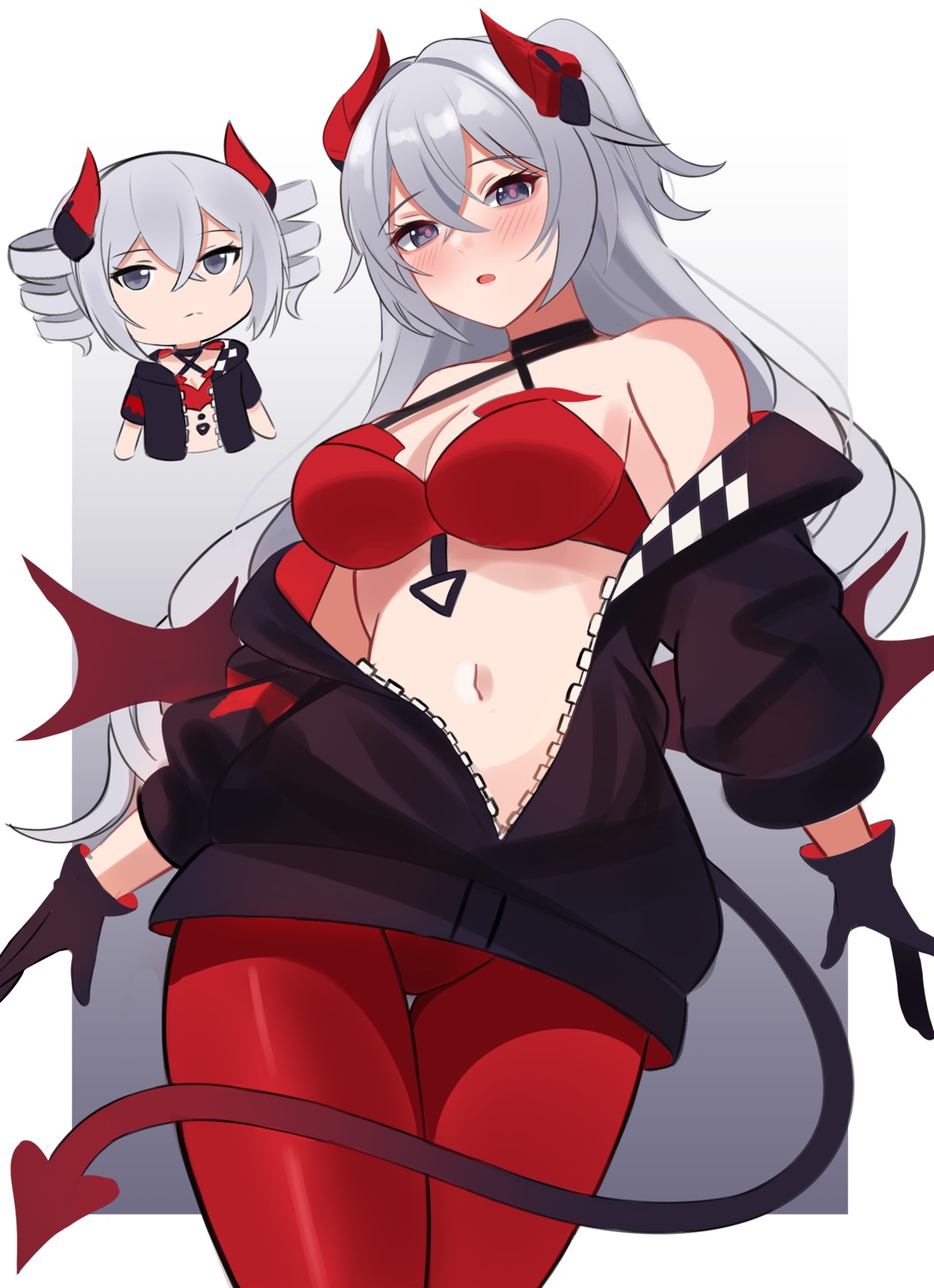 aircell benghuai_xueyuan bra bronya_zaychik chibi cleavage honkai_impact horns open_shirt pantsu pantyhose tail wings