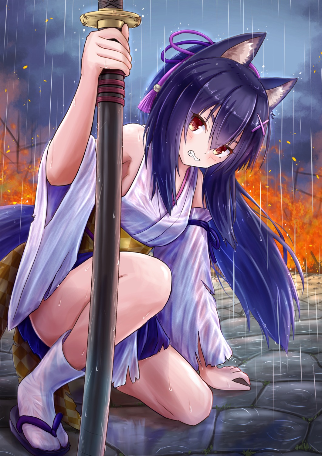 animal_ears iroha_(iroha_matsurika) japanese_clothes kitsune see_through sword tail torn_clothes wet wet_clothes