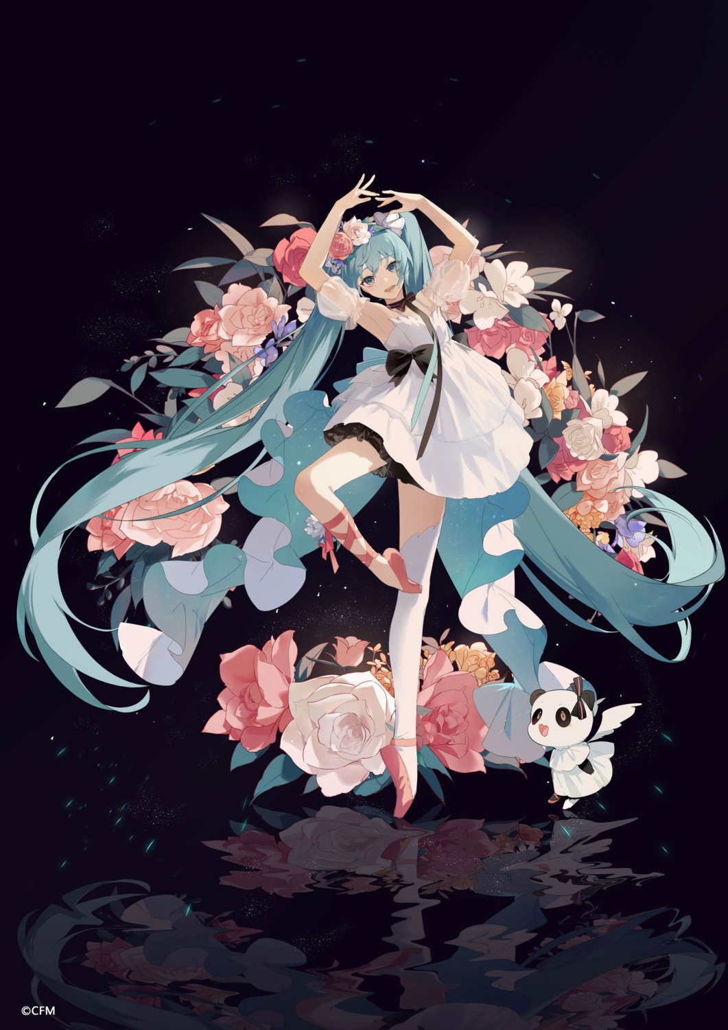 dress hatsune_miku hatsune_miku_with_you skirt_lift thighhighs vocaloid zhibuji_loom