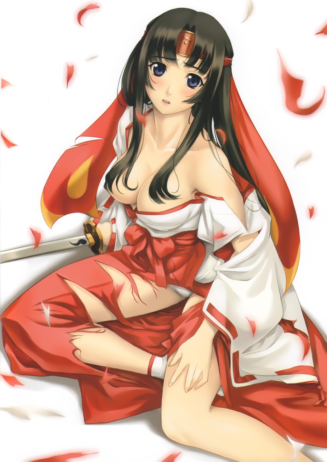 cleavage miko no_bra overfiltered pantsu queen's_blade tomoe torn_clothes