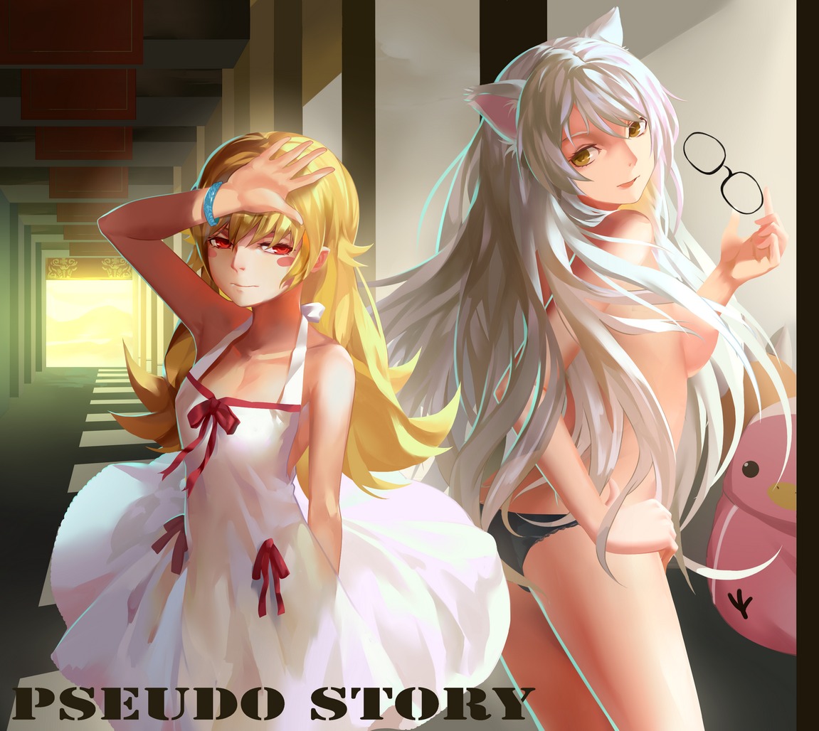 animal_ears bakemonogatari black_hanekawa hanekawa_tsubasa lightofheaven loli monogatari_(series) oshino_shinobu pantsu topless