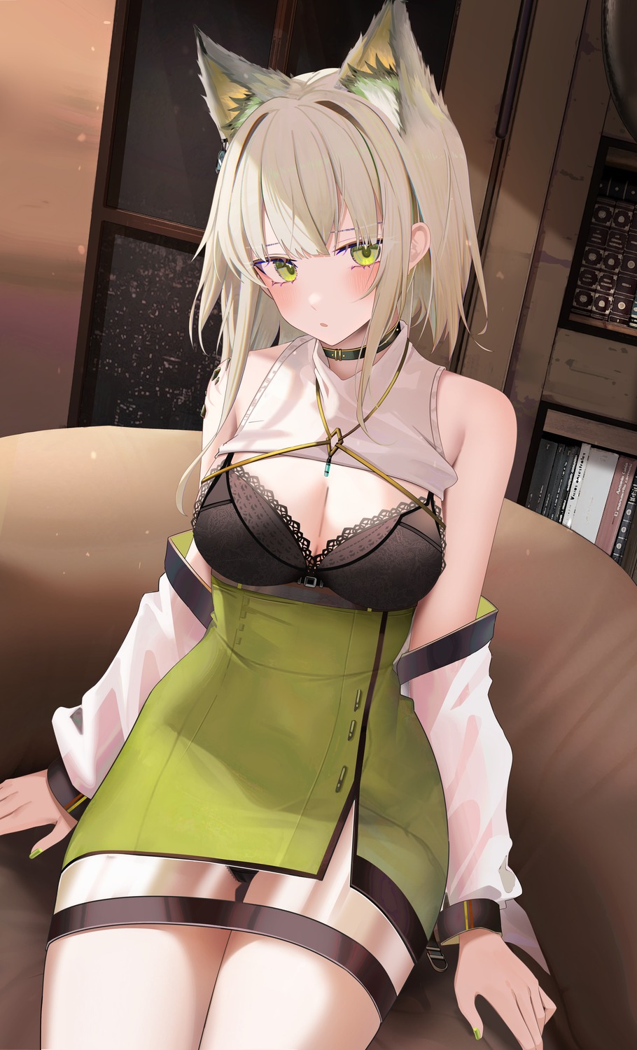 animal_ears arknights bra cleavage kal'tsit_(arknights) pantsu ru_zhai see_through shirt_lift