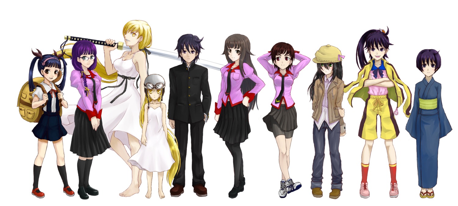 araragi_karen araragi_koyomi araragi_tsukihi bakemonogatari dress hachikuji_mayoi hanekawa_tsubasa hizumi kanbaru_suruga kimono kissshot_acerolaorion_heartunderblade megane oshino_shinobu pantyhose seifuku sengoku_nadeko senjougahara_hitagi sword