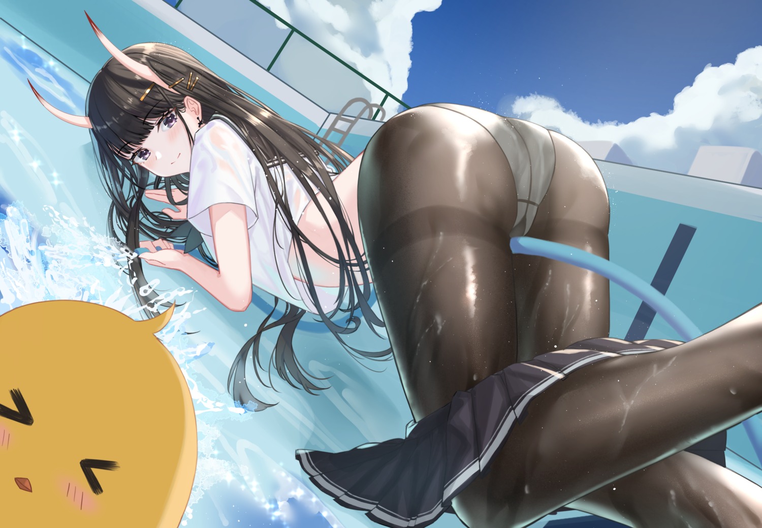 ass azur_lane horns kuwahara_taiki manjuu_(azur_lane) noshiro_(azur_lane) pantsu pantyhose see_through seifuku wet wet_clothes