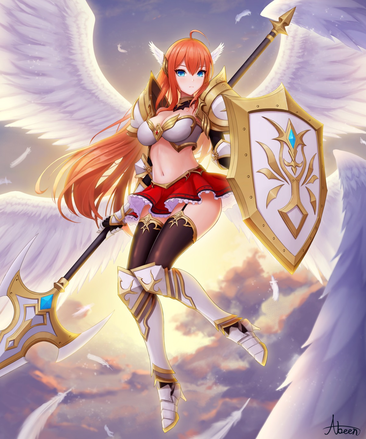 abeen_jhong armor bikini_armor cleavage heels stockings thighhighs weapon wings