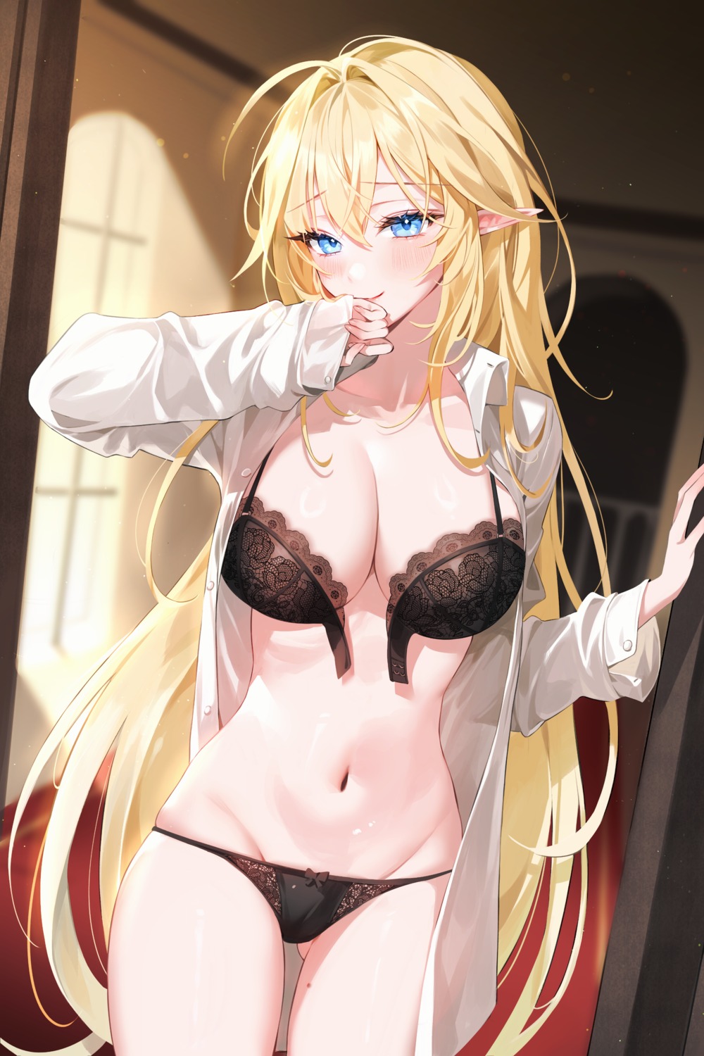 bra dress_shirt open_shirt pantsu pointy_ears tagme