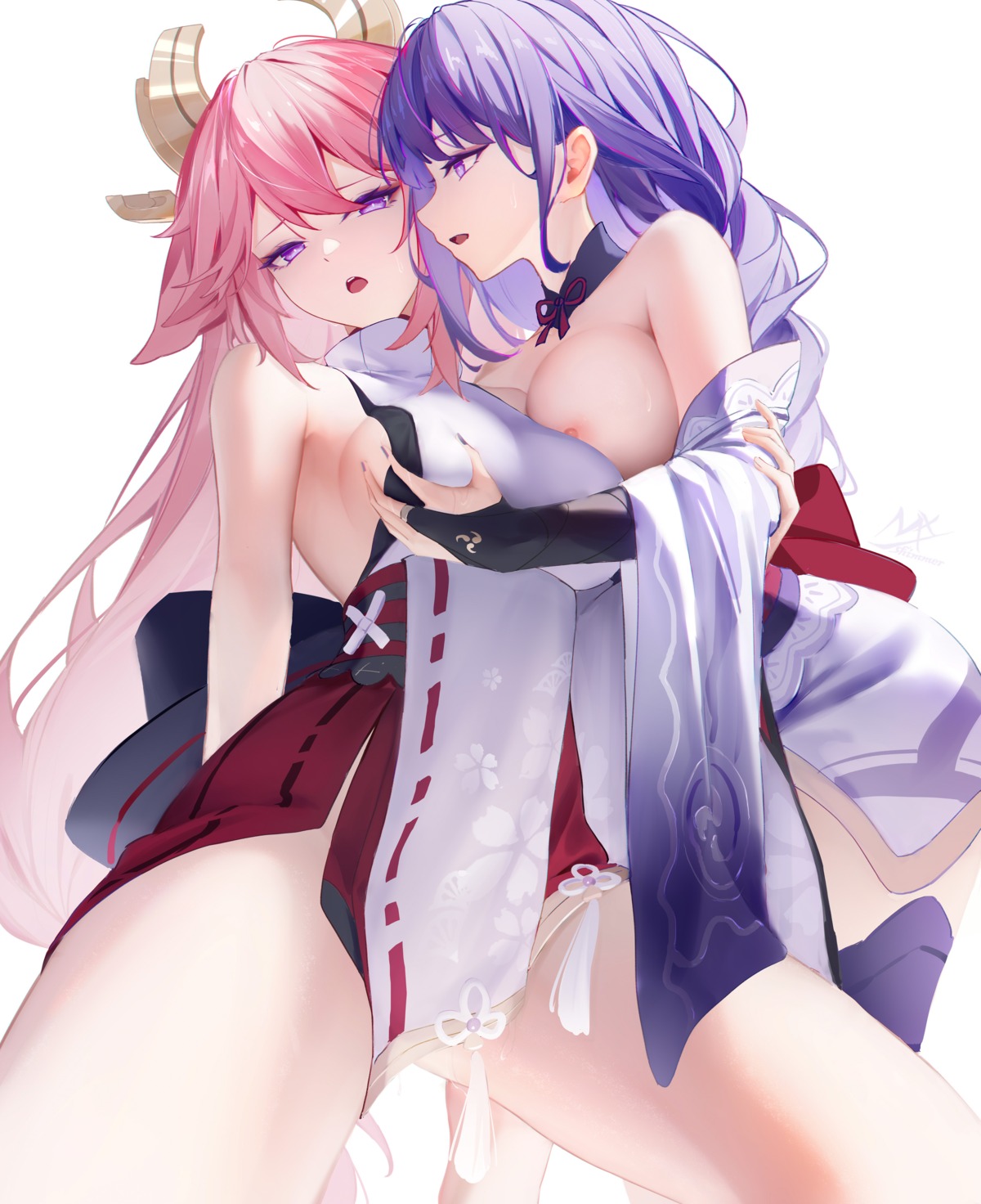 animal_ears breast_grab breasts genshin_impact japanese_clothes kitsune nipple_slip no_bra raiden_shogun shimmer yae_miko yuri