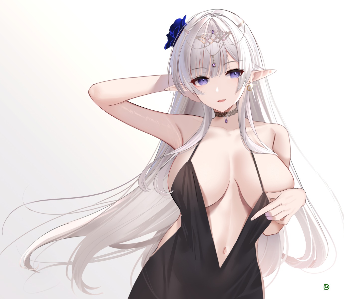 dress muka_tsuku no_bra pointy_ears undressing