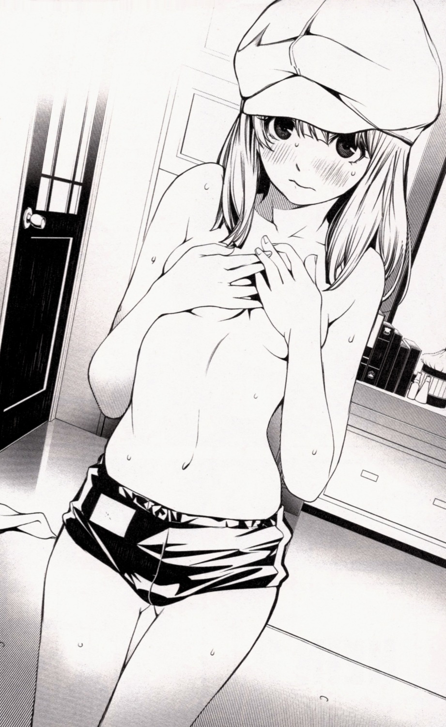 breast_hold buruma monochrome monogatari_(series) oh!_great sengoku_nadeko topless