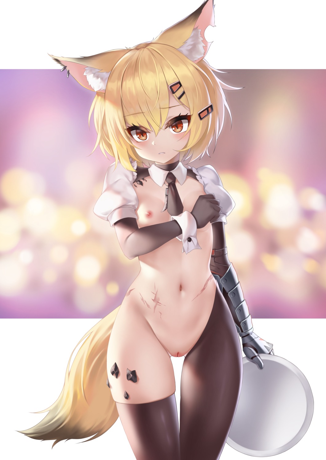 animal_ears arknights armor bottomless breasts ehart loli nipples no_bra pussy tail thighhighs uncensored vermeil_(arknights)