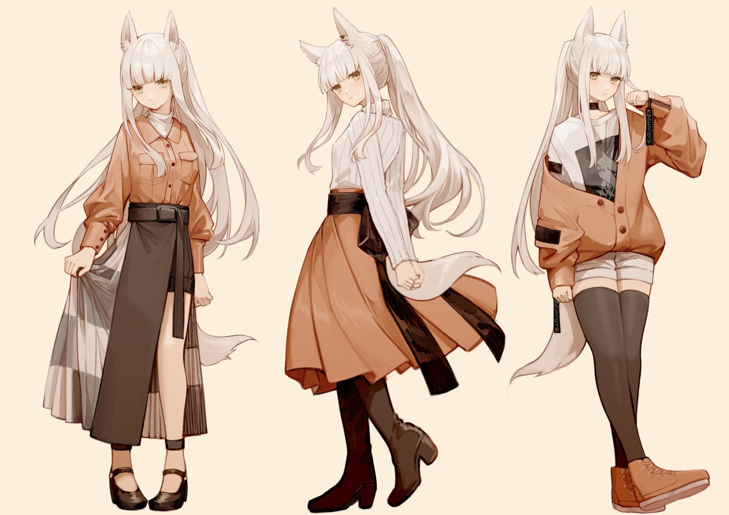 animal_ears arknights heels miike_(992058) platinum_(arknights) skirt_lift sweater tail thighhighs