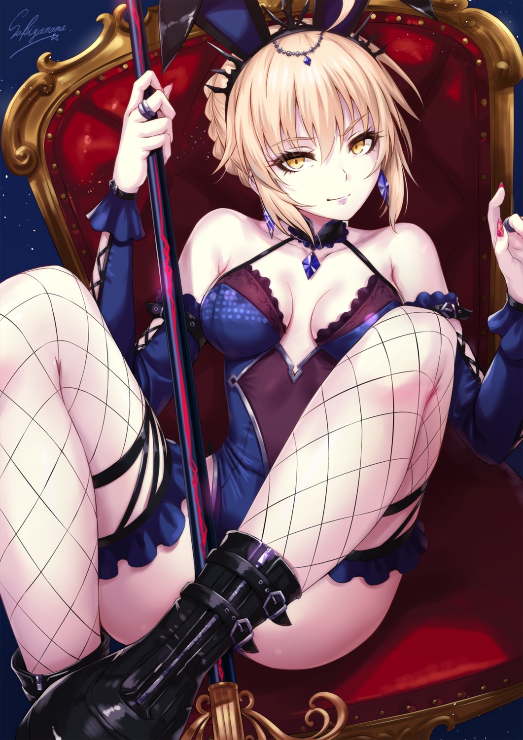 animal_ears bunny_ears bunny_girl cleavage fate/grand_order fishnets garter no_bra saber saber_alter sakiyamama thighhighs