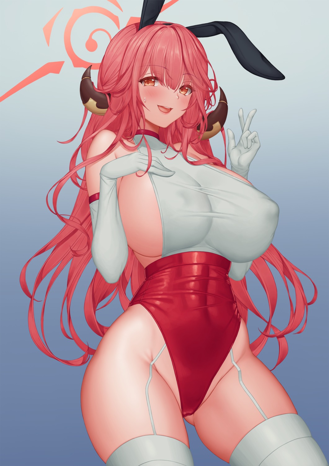 animal_ears blue_archive bunny_ears bunny_girl erect_nipples halo horns no_bra pinkcap rikuhachima_aru stockings thighhighs