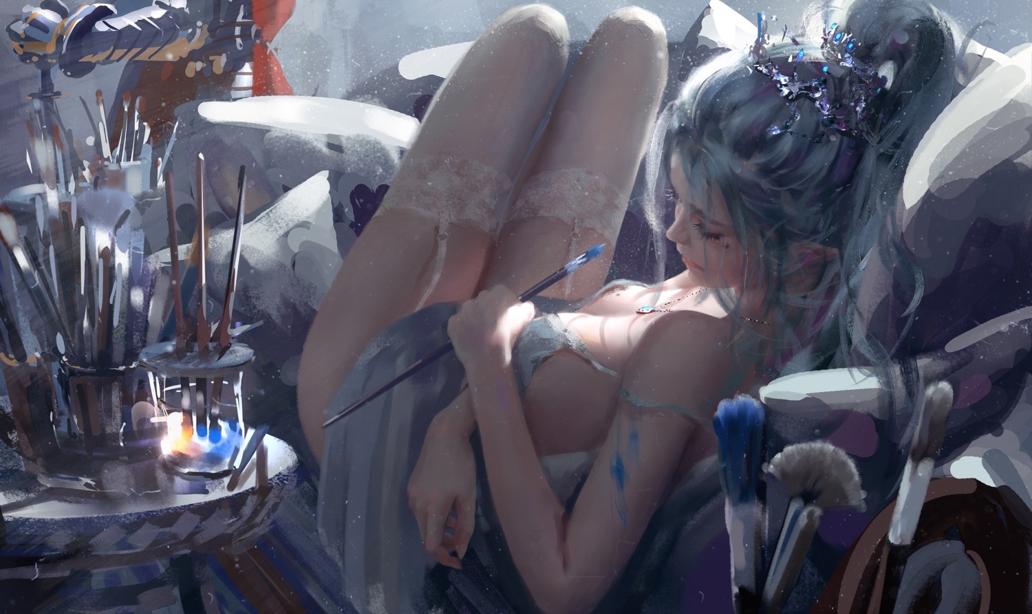 cleavage dress ghostblade lingerie no_bra pointy_ears skirt_lift stockings thighhighs wlop yan_haiqin