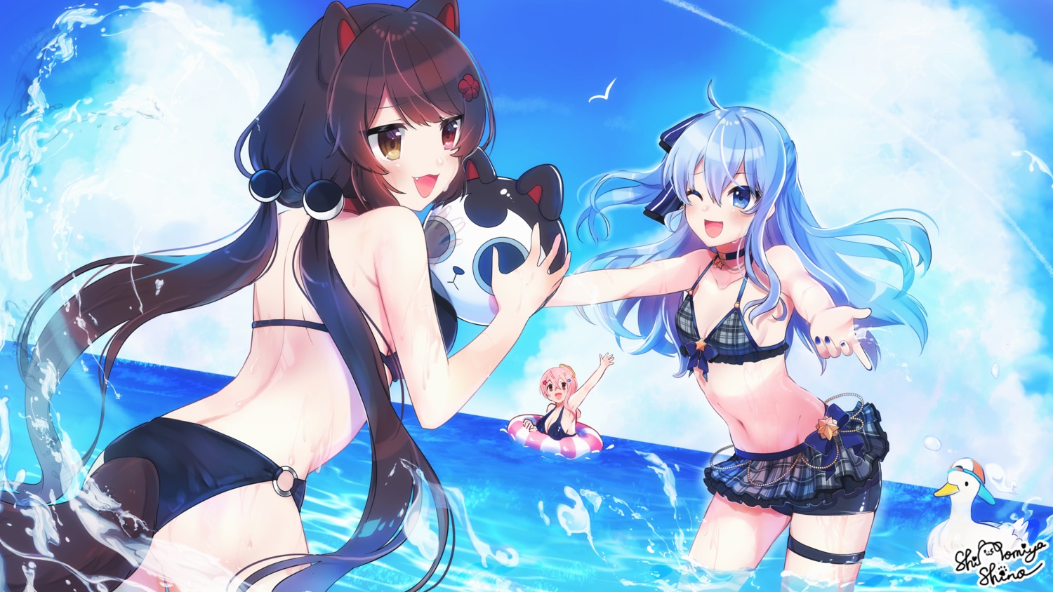 animal_ears ass bikini cleavage crossover garter heterochromia hololive hoshimachi_suisei inui_toko inumimi nijisanji shinomiya_shino_(sinosino141) swimsuits tail wallpaper wet