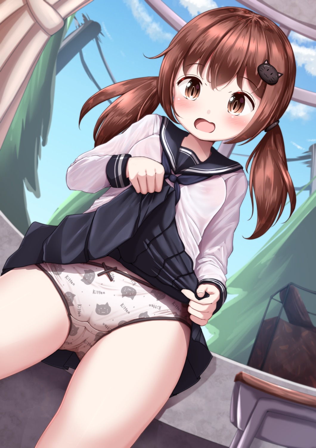 cameltoe loli mochiyuki nipples no_bra pantsu see_through seifuku skirt_lift