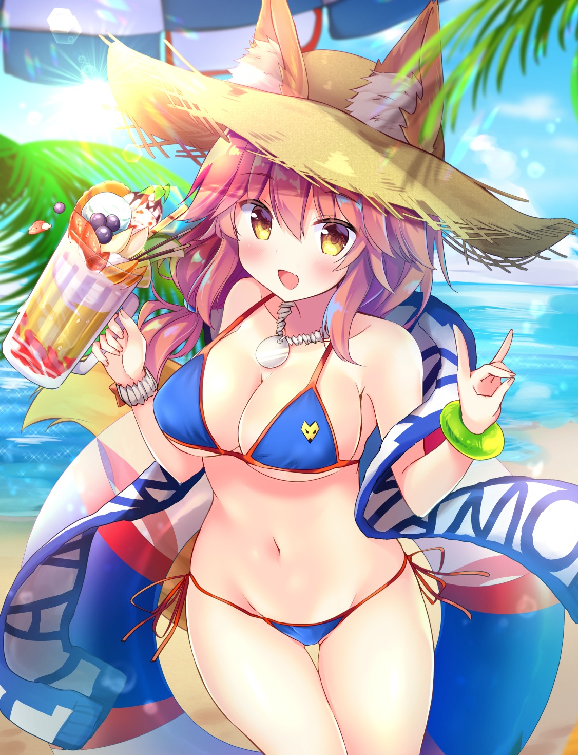 animal_ears bikini cleavage fate/grand_order swimsuits tamamo_no_mae towel yuimisu