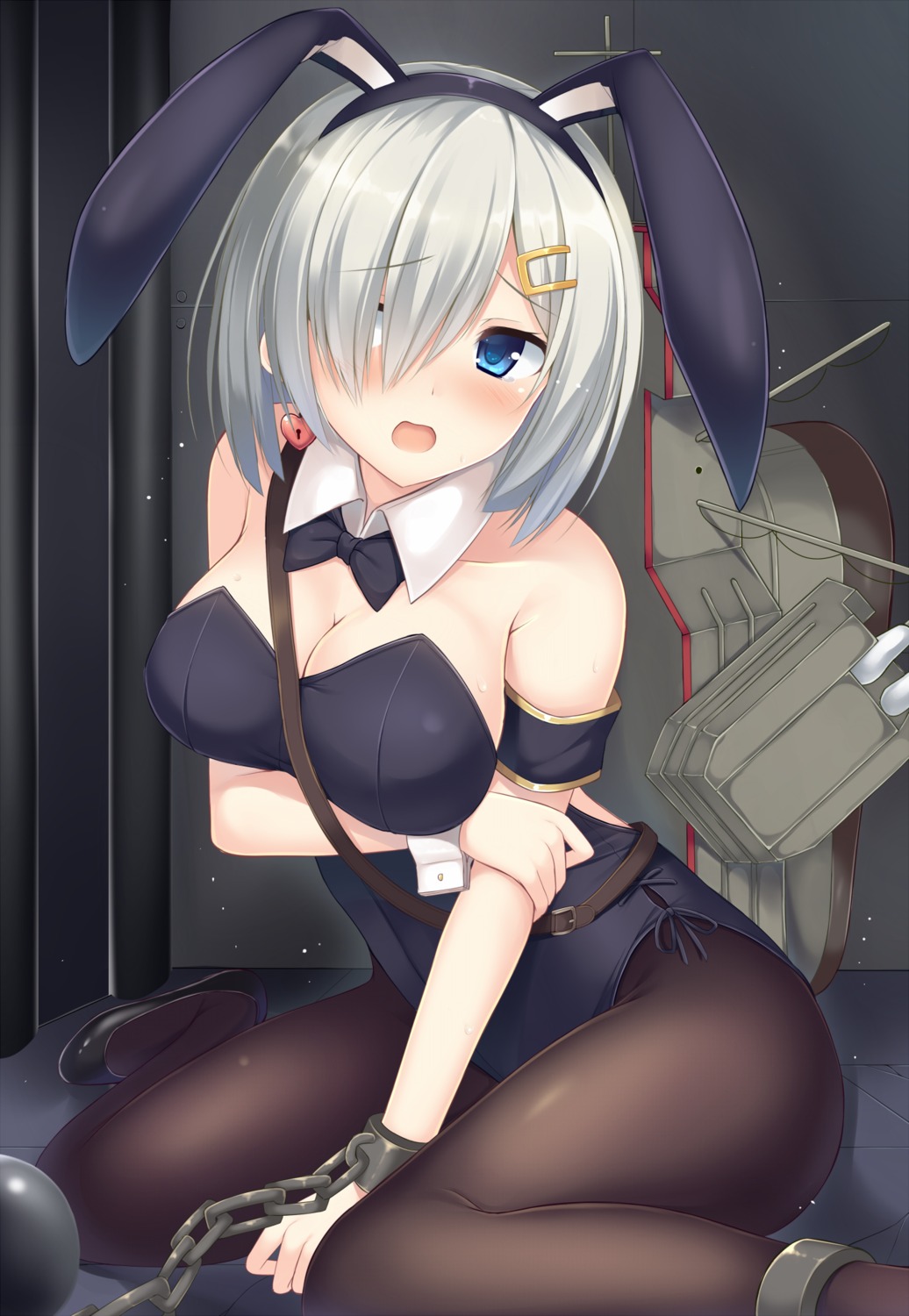 animal_ears bondage breast_hold bunny_ears bunny_girl cleavage hamakaze_(kancolle) kantai_collection pantyhose tomoo