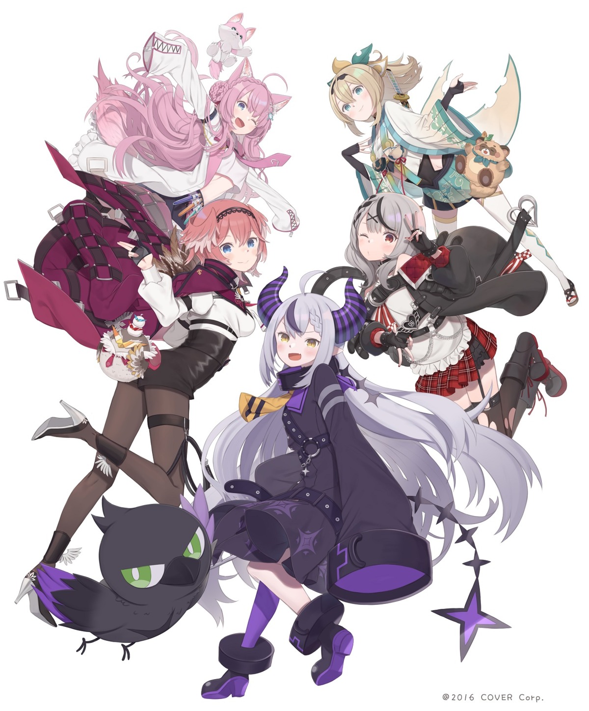 animal_ears ass crow_(la+_darknesss) devil dress garter hakui_koyori heels hololive horns japanese_clothes kazama_iroha la+_darknesss pantyhose pointy_ears sakamata_chloe sarashi takane_lui thighhighs torn_clothes tota uniform wings