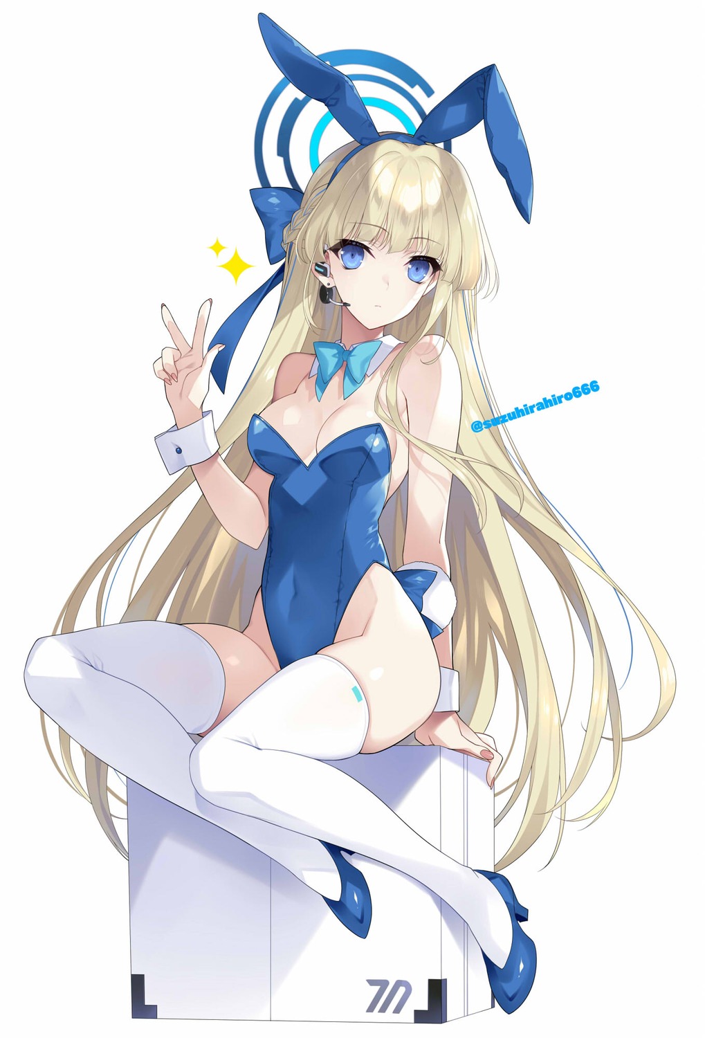 animal_ears asuma_toki blue_archive bunny_ears bunny_girl halo heels no_bra official_watermark suzuhira_hiro tail thighhighs