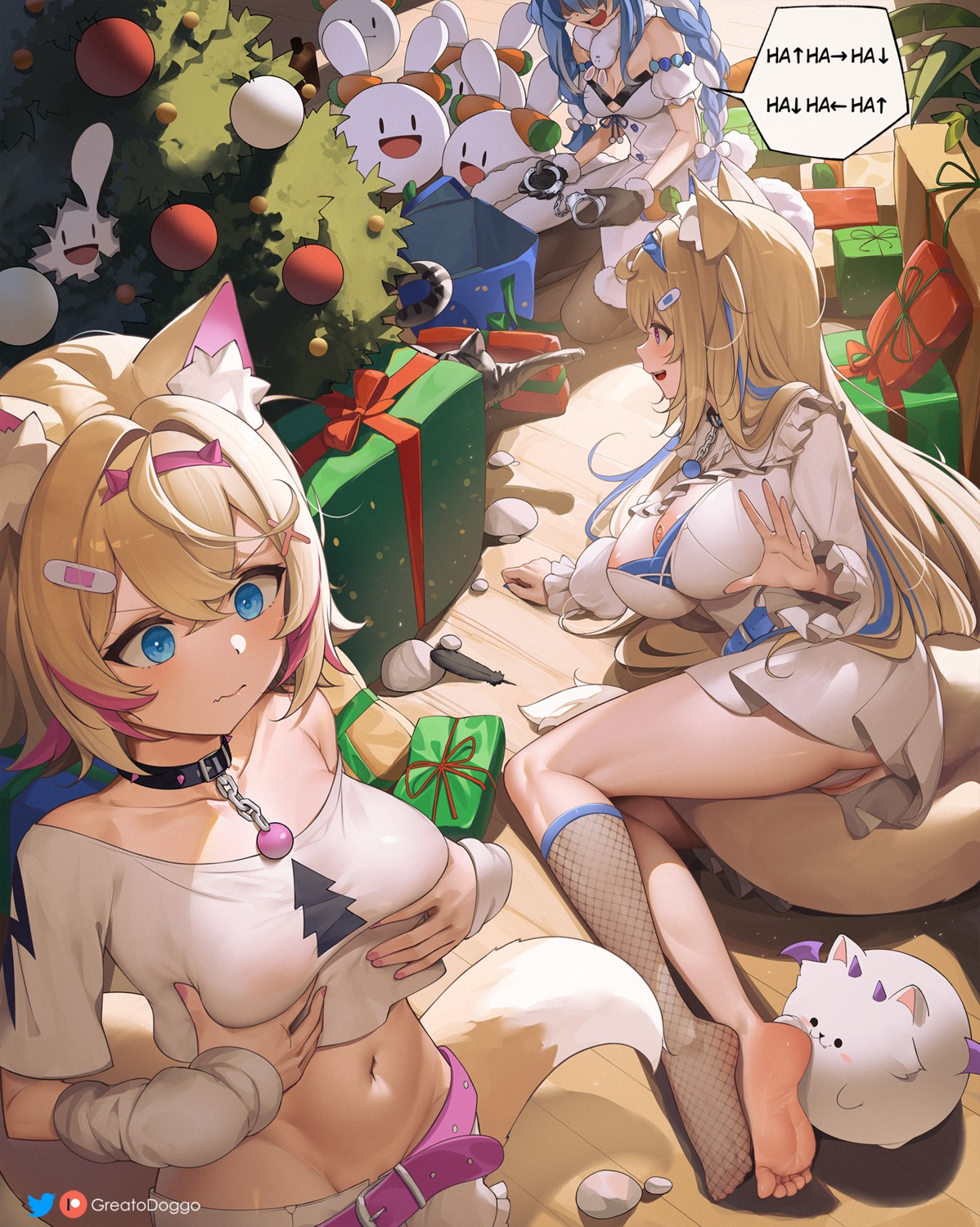 animal_ears ass bandaid breast_hold christmas fishnets fuwawa_abyssgard greatodoggo hololive hololive_english inumimi mococo_abyssgard neko nipples no_bra pantsu pantyhose see_through skirt_lift tail thong usada_pekora