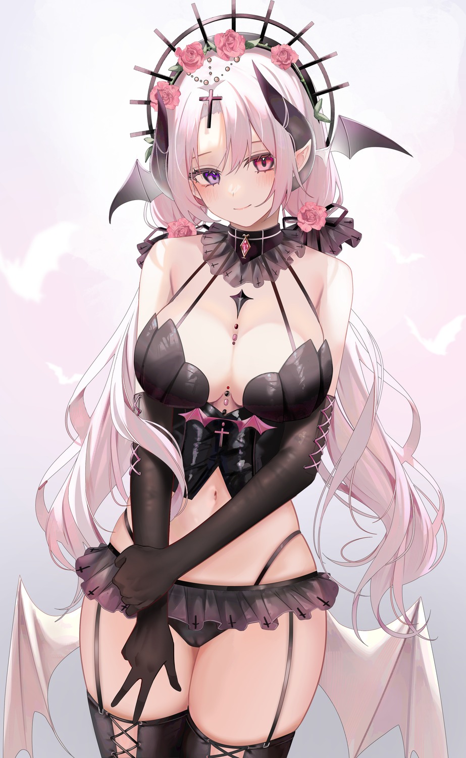 heterochromia horns pantsu pointy_ears ru_zhai stockings thighhighs wings