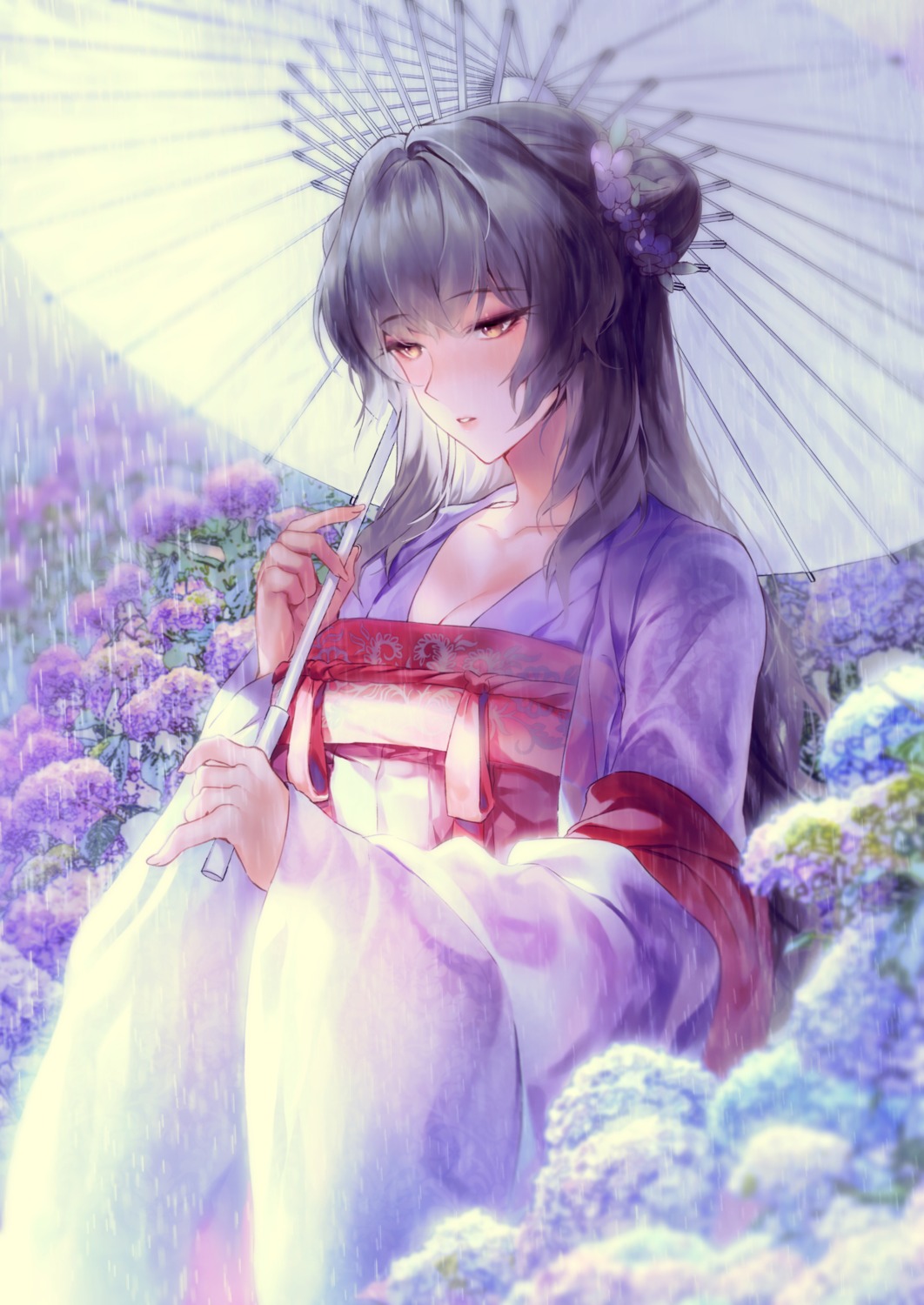 black_joa cleavage japanese_clothes umbrella